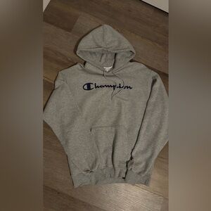 Champion Heather Gray Hoodie with Navy Logo